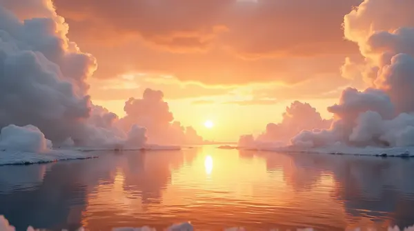A wide lake under a fiery amber sky with distant shoreline silhouettes and billowing white formations above.