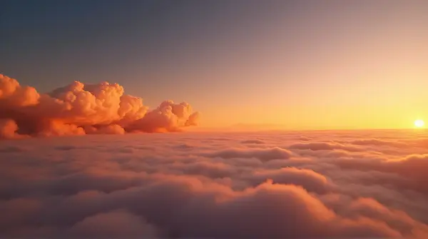 Wide sky with glowing amber vapor layers stretching across the horizon from a low angle.