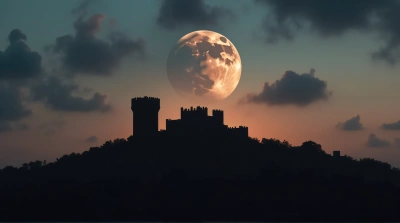 Ancient Fortress Silhouette With Eclipsed Orb