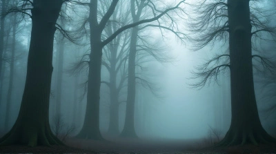 Ancient Tree Trunks Shrouded in Dense Vapor