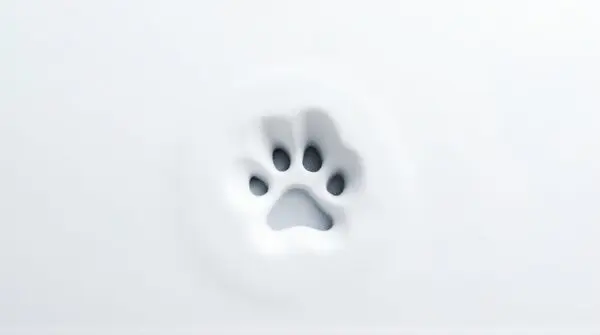 Close-up of an animal footprint imprinted in white ground with soft shadows highlighting its shape.