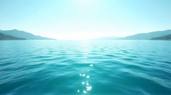 Wide aqua sea with gentle waves and rolling hills in the distance beneath a bright sky.