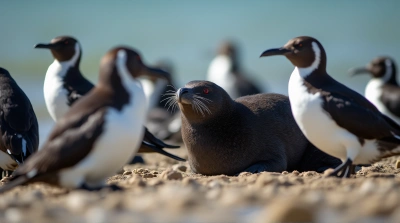 Aquatic Mammal Among Tuxedo Birds On Shoreline