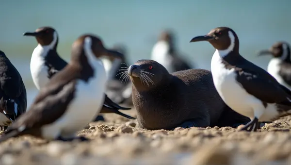 Aquatic Mammal Among Tuxedo Birds On Shoreline