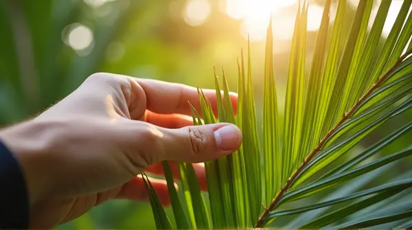 Arborvitae Palm Fronds With Sunlight And Fingers