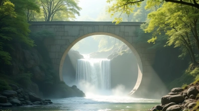 Arched Stone Bridge Over Cascading Waterfall With Mist
