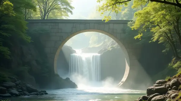 Pale arched stone bridge spans a cascading waterfall framed by mist and leafy branches under bright sunlight.
