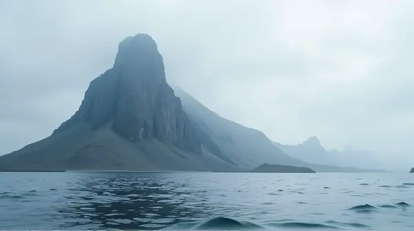 Tall ash-colored peak stands next to a wide lake with rippling waves under an overcast sky.