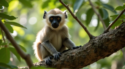 Ash-Furred Primate Perched Amid Sunlit Leaves