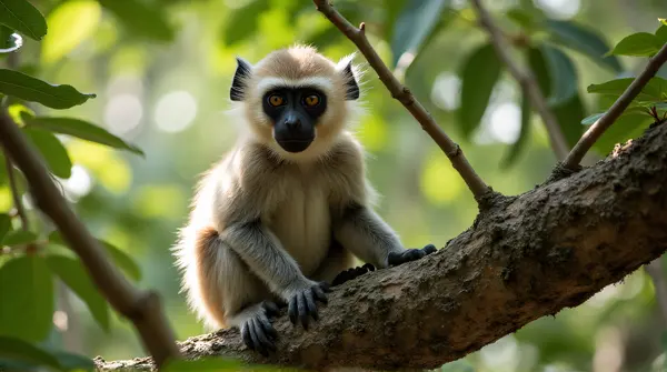 Ash-furred primate sitting on a strong limb surrounded by sunlit dense leaves with a focused gaze.