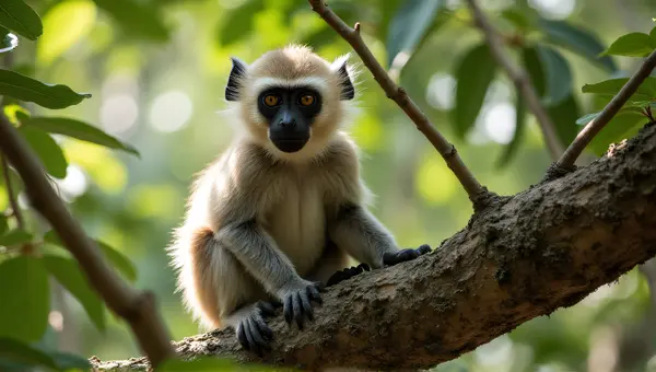 Ash-Furred Primate Perched Amid Sunlit Leaves