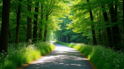 Asphalt Path With Green Foliage And Wildflowers