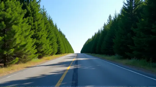 Asphalt Path Through Dense Evergreen Trees Under Clear Sky