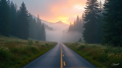 Asphalt Path Through Misty Valley At Dawn