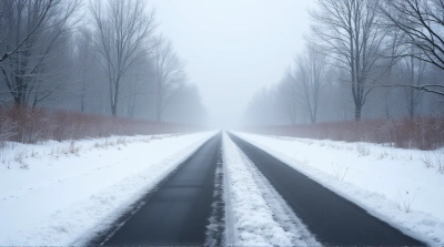 Asphalt Pathway Amid Foggy Winter Landscape