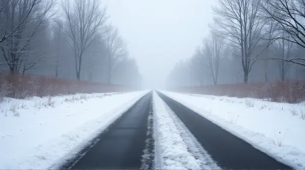 Narrow asphalt path bordered by white snow and bare trees fading into foggy distance