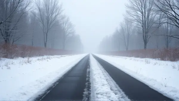 Asphalt Pathway Amid Foggy Winter Landscape