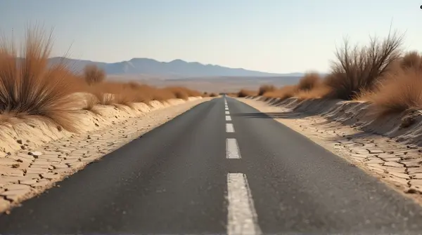 Low angle view of a solitary asphalt pathway winding through dry cracked earth and sparse shrubs