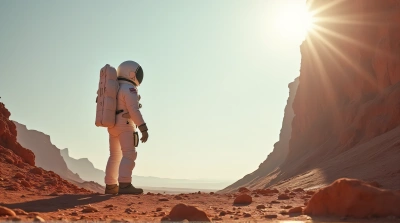 Astronaut In Spacesuit Near Jagged Cliff With Open Sky