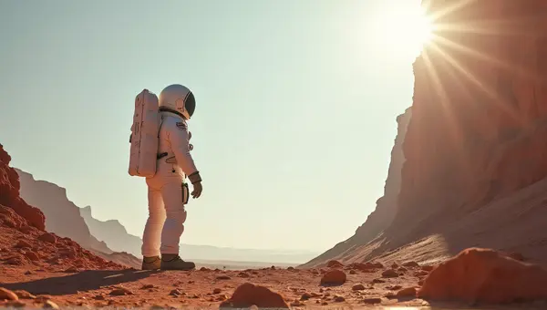 Astronaut In Spacesuit Near Jagged Cliff With Open Sky