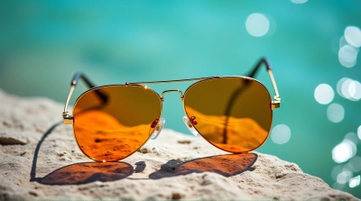 Aviator Sunglasses With Orange Lenses On Stone