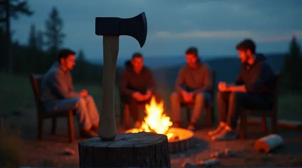 Axe In Tree Stump By Fire Pit Gathering