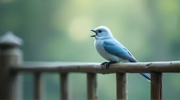 A pale bird with blue feathers resting gently on a thin wooden railing with blurred background.