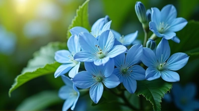 Azure Blossoms Amid Lush Foliage In Soft Light