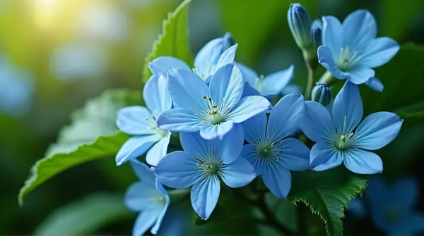 Delicate azure blossoms with intricate petals and lush foliage highlighted by soft natural light.