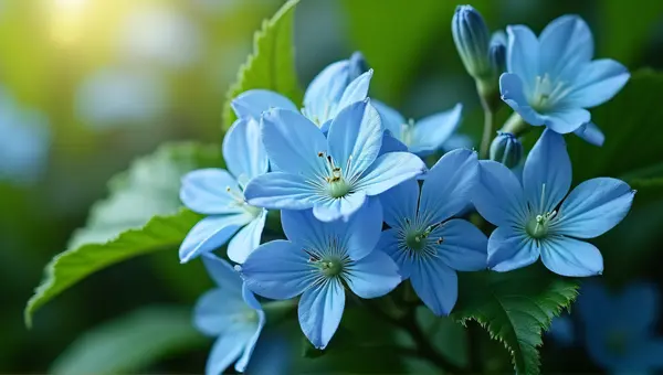 Azure Blossoms Amid Lush Foliage In Soft Light