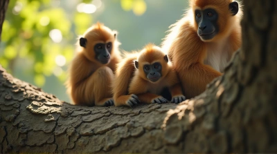 Baby Primate Nestled Among Adult Apes On Branch