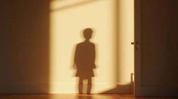 Backlit figure stands framed by an open doorway casting soft gradients on a textured wall.