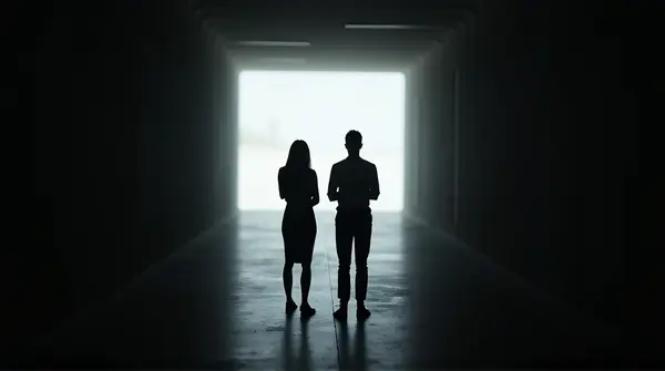 Backlit figures with strong contrast standing apart against a bright blurred background.