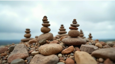Balanced Stone Cairns On Gentle Hill Under Clouds