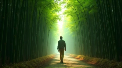 Bamboo Trail With Sunlight Through Green Leaves