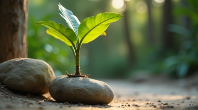 Banana Plant Trunk And Leaves With Stone