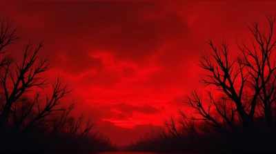 Bare Branches Against Crimson Sky With Swirling Clouds