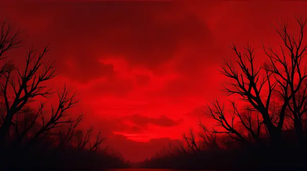 Dark outlines of leafless branches set against a deep red sky with swirling cloud formations.