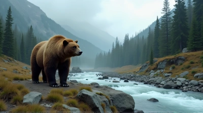 Bear Standing Near Mountain Stream Rocky Landscape