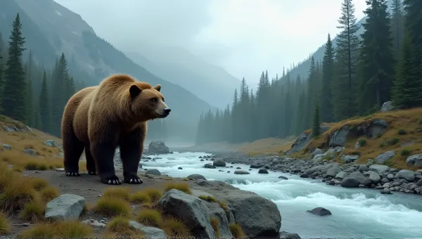 Bear Standing Near Mountain Stream Rocky Landscape