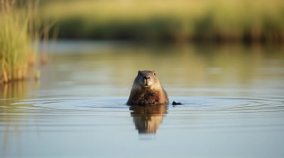 Beaver On Glassy Lake Surface In Daylight