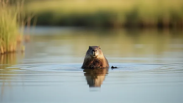 Beaver On Glassy Lake Surface In Daylight