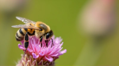 Bee On Blooming Plant With Soft Bokeh Background
