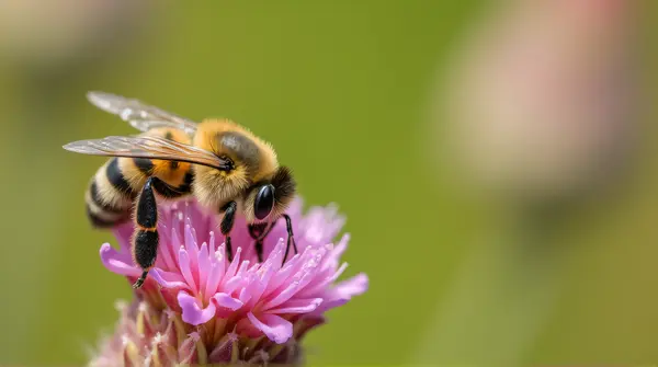Close-up of a bee perched on detailed petals of a blooming plant with soft bokeh background