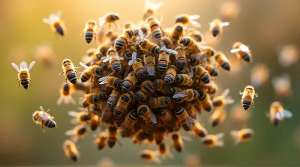 Dense swarm of bees clustered tightly in midair showing wing patterns and collective formation