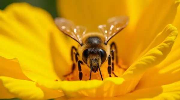 Bee On Yellow Flower Petals Detailed Wings