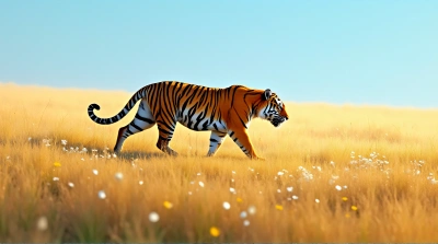 Bengal Tiger Walking In Sunny Grassland