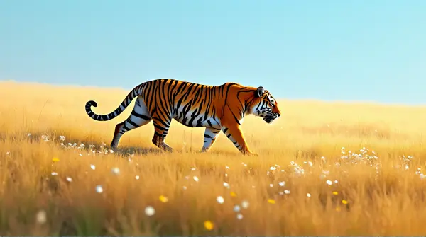 A Bengal tiger with orange and black stripes walks through sunlit grassland dotted with wildflowers under a clear blue sky.