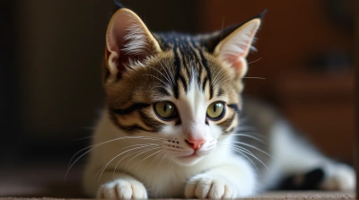 Bicolor Cat Resting Calmly On Textured Surface