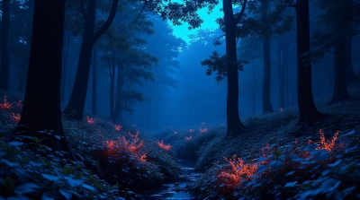 Bioluminescent Forest Glow Against Indigo Sky